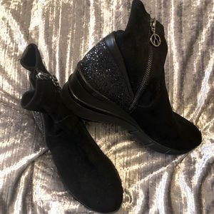 Wishbone - Black fabric, sparkle heel, wedge ankle boots.